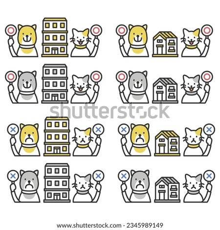 Detached property, apartment condominium property, pets allowed, pets not allowed, illustration icon set