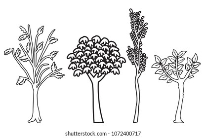 Detached set of trees trunks with leaves on a white background. Set of hand drawn illustrations, decorative ornamental stylized trees. Graphic illustrations. Sketch. Decorative silhouette.