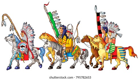 A detachment of Indians in combat coloring on horseback. American Indians on the warpath. Horses, patterns, ornament.  Vector. Painted by hand. 