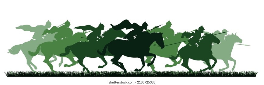 Detachment Knights Are Jumping. Scenery Silhouette. Medieval Warriors With Spears And In Armor Ride Horses. Object Isolated On White Background. Vector.