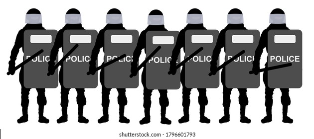 Detachment of riot police with shields and clubs stand in line. Silhouette vector illustration