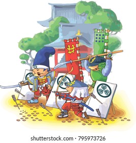 A detachment of samurai fights against the background of the temple. The cartoon style. Painted by hand. Vector. Illustrator10