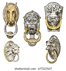 Detail ancient building. architectural ornamental elements, wooden door knob, knocker or handles. lion and horse. engraved hand drawn in old sketch, vintage and Antique, baroque or gothic style.