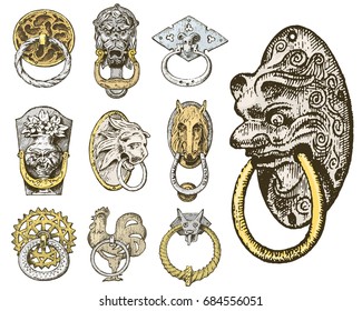 Detail ancient building. architectural ornamental elements, wooden door knob, knocker or handles. lion and horse. engraved hand drawn in old sketch, vintage and Antique, baroque or gothic style.