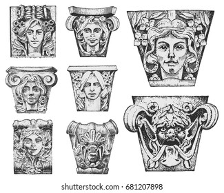 Detail ancient classic building. architectural ornamental elements. showing Tuscan, Doric, Ionic and Roman column. engraved hand drawn in old sketch, vintage and Antique, baroque or gothic style.