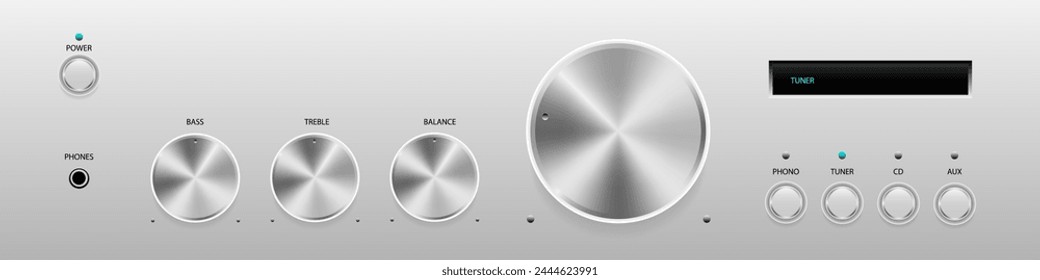 Detail of Audio integrated power amplifier, Music sound volume knob button. Metal audio control dial switch level scale. Analog Rotary Switch.