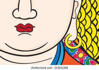 Detail of Buddha's face. Colorful, calm, and serene.