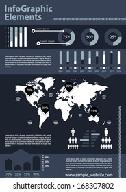Detail business corporate info graphic with World Map and data summary. Vector illustration