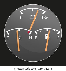 Detail of car gauges including fuel, voltage and water temperature gauges
