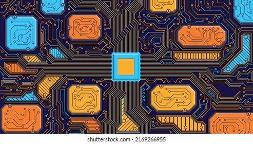 Detail of a circuit board with several chips connected by yellow, orange and blue lines and the main chip in a square shape and blue color. Vector image
