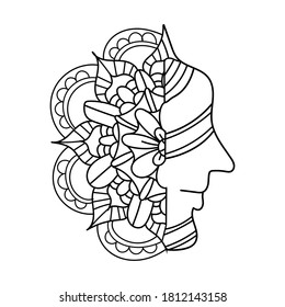 Detail doodle with floral and half face, could be used for coloring book. Black and white zentangle style.