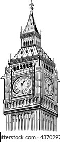 detail Elizabeth Tower, Big Ben (Clock Tower) London vintage illustration,  hand drawn