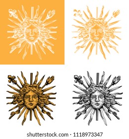 Detail of the fence of the royal palace in the Versailles in the form of the face of the sun roi Lui XIV. The basis for a fashionable pattern. A vector illustration in the style of a hand drawing.