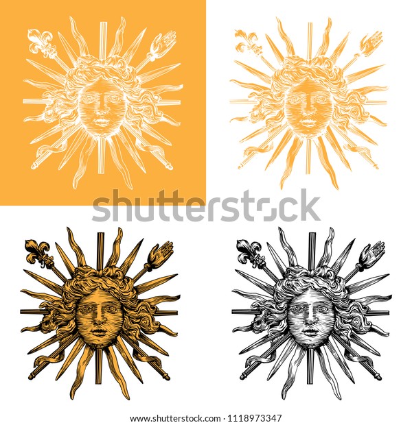 ベルサイユの王宮の柵の詳細は 太陽の利を得るルイ14世の顔を描いた おしゃれな柄の基礎 手描きのスタイルのベクターイラスト のベクター画像素材 ロイヤリティフリー