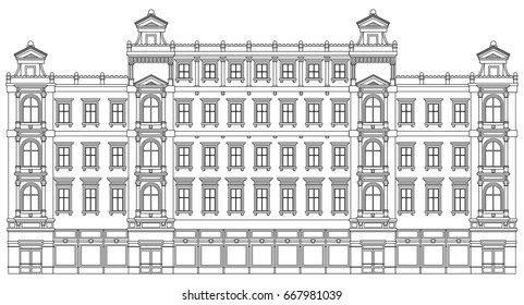 Detail front view house facade building outline contour with shop street panorama, windows, doors and pillars. Vector line art illustration isolated on white