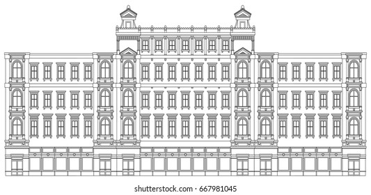 Detail front view house facade building outline contour with shop street panorama, windows, doors and pillars. Vector line art illustration isolated on white