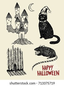 Detail hand drawn halloween, haunted house, cat, broom and rat
