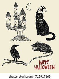 Detail hand drawn halloween, haunted house, cat, crow and rat