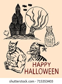 Detail hand drawn halloween, haunted house, cat, old witch and werewolf