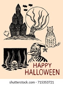 Detail hand drawn halloween, haunted house, cat, old witch and octopus