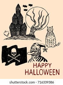Detail hand drawn halloween, haunted house, cat, old witch and pirate flag