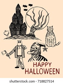 Detail hand drawn halloween, haunted house, cat, old witch and serial killer