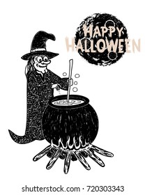 Detail hand drawn halloween old witch cooking