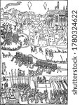 The detail has a banner in the upper left corner that reads, Highe Bovilloigne. Boulogne is at the top of the illustration and there are plumes of smoke and evidence of explosions, vintage