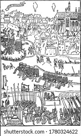 Das Detail hat ein Banner in der oberen linken Ecke, dass heißt Highe Bovilloigne. Boulogne ist an der Spitze der Abbildung und es gibt Rauch- und Anzeichen von Explosionen, Vintage-Vintage