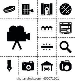 Detail icon. set of 13 filled detailicons such as camera, search, garage, solar panel, hockey puck, ink pen