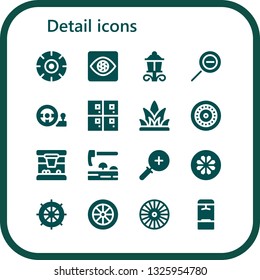 detail icon set. 16 filled detail icons.  Collection Of - Wheel, Capture, Street lamp, Zoom out, Steering wheel, Lockers, Grass, Basketball, Adze, Zoom in, Locker