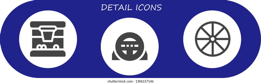 detail icon set. 3 filled detail icons.  Collection Of - Basketball, Steering wheel, Wheel