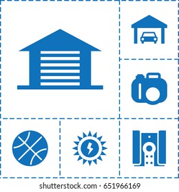 Detail icon. set of 6 detail filled icons such as camera, garage, sun battery