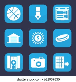 Detail icon. set of 9 filled detail icons such as camera, garage, solar panel, sun battery, hockey puck, ink pen