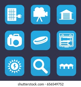 Detail icon. set of 9 filled detail icons such as search, camera, garage, solar panel, sun battery