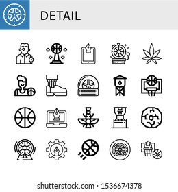 detail icon set. Collection of Wheel, Watchmaker, Basketball, Fountain pen, Weed, Leather shoe, Tyre, Water tower, Faravahar icons