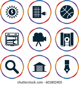 detail icons set. Set of 9 detail filled icons such as search, camera, garage, solar panel, sun battery, ink pen