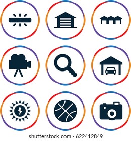 Detail icons set. set of 9 detail filled icons such as camera, search, garage, sun battery