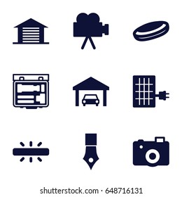 Detail icons set. set of 9 detail filled icons such as camera, garage, solar panel, hockey puck