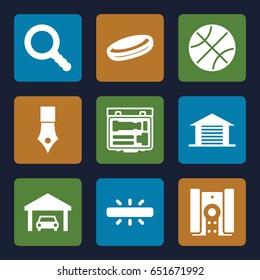 Detail icons set. set of 9 detail filled icons such as search, camera, garage, hockey puck, ink pen