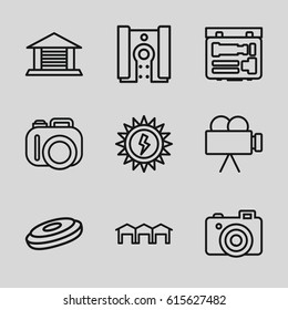 Detail icons set. set of 9 detail outline icons such as camera, garage, sun battery