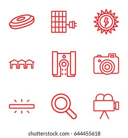 Detail icons set. set of 9 detail outline icons such as camera, search, garage, solar panel, sun battery