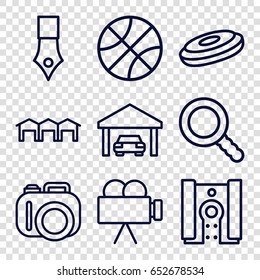 Detail icons set. set of 9 detail outline icons such as search, camera, garage, ink pen, basketball