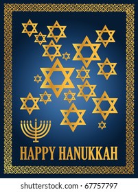Detail illustration of a blue and gold happy hanukkah card.