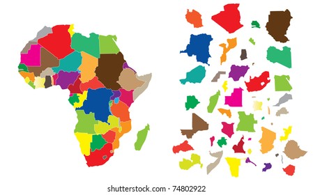 Detail illustration of color map of African continent with small pieces of each states and made of puzzle.