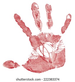 Detail imprint of hand and wings and heart, vector illustration on white background