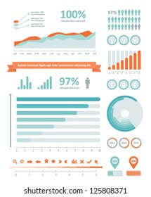 Detail info graphics collection: graphs, histograms, arrows, chart, icons and a lot of related design elements. Detail info graphic vector illustration. Information Graphics