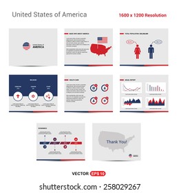 Detail infographic set vector illustration. United states of America USA basic info, population, Religion, Health Care, pie chart, line chart, economics timeline Information Graphics Presentation