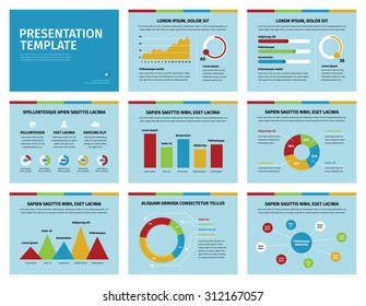 Detail infographic set vector illustration. Colorful graphs and presentation graphics on soft blue background.