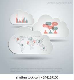 Detail infographic vector illustration. Infographics with map of world on a paper cloud on a blackboard. Easy to edit